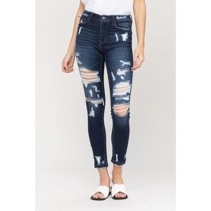 HIGH RISE HEAVILY DISTRESSED ANKLE SKINNY VERVET BY FLYING MONKEY DENIM